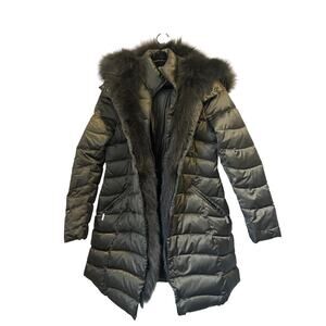 Dawn Levy Jet Setter Coat Fox Fur Trim Green Down Puffer Parka Coat sz. M